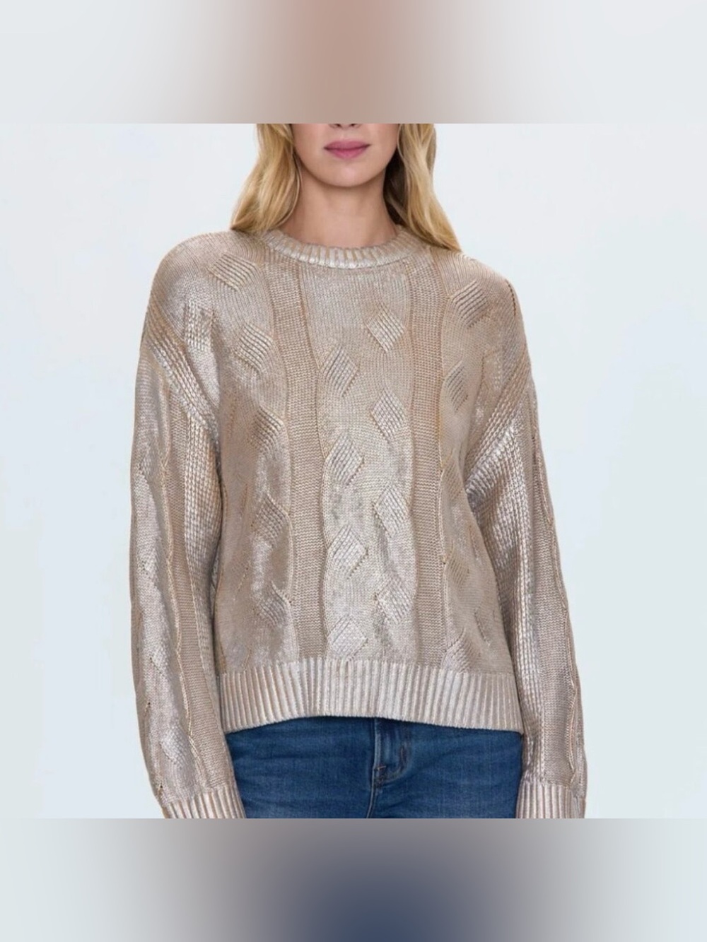 NWT Fifteen Twenty Levie Metallic Beige Cable Knit Sweater, Size XS